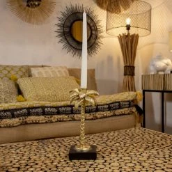 Now’s Home Bougeoirs Chandelier Palmier Doré Sur Base En Bois Noir H24cm -Bougeoirs Soldes Magasin chandelier palmier dore sur base en bois noir h24cm 2